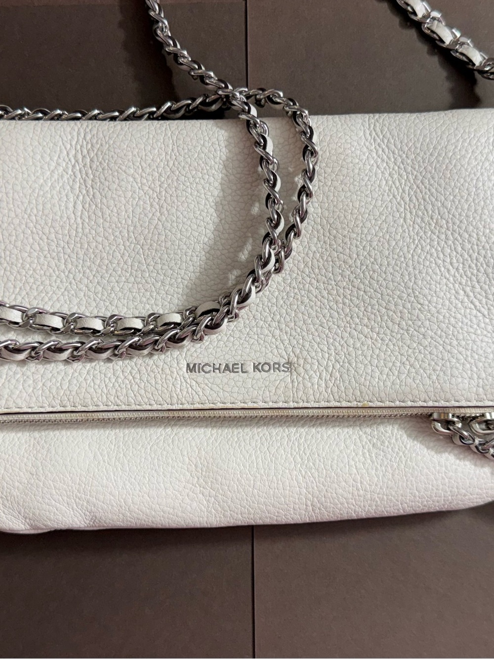 Michael Kors White Pebbled Leather Shoulder Bag with Silver Chain Strap